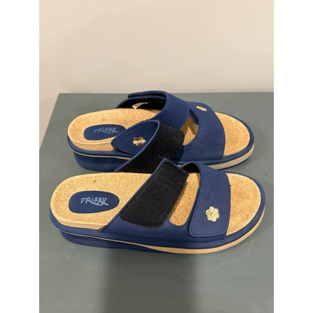 Frisky Blue Floral Slip On Sandal Adjustable Strap Platform Slides Women 9.5